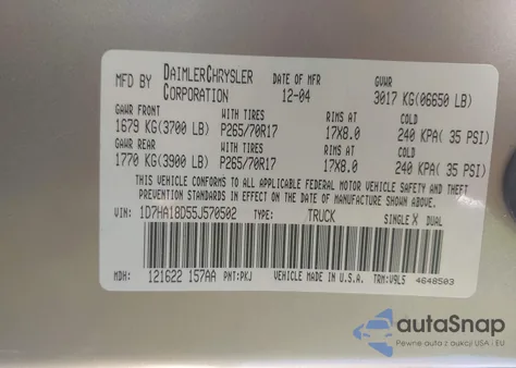 2005 Dodge Ram 1500 Slt/Laramie из США, поврежденный, VIN 1D7HA18D55J570502